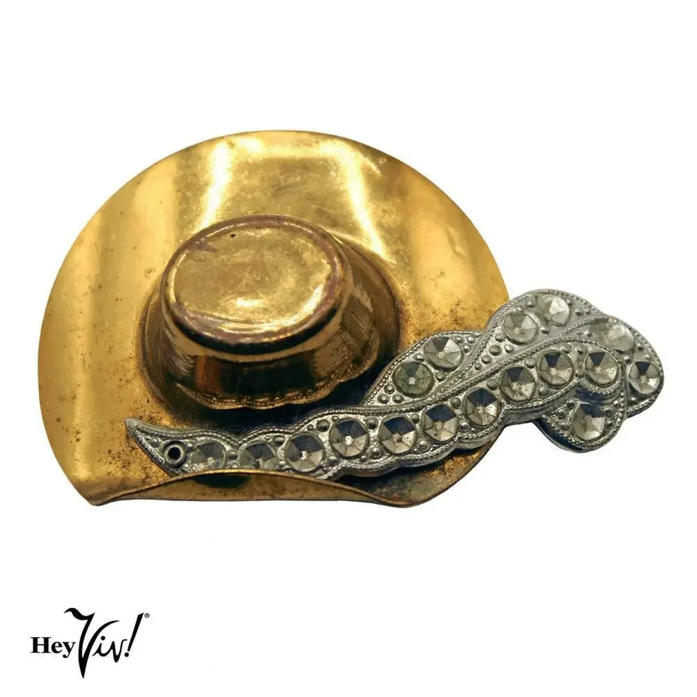 Vintage Gold Hat w Feather Brooch 2